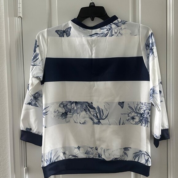 Blue & White Striped Floral Sweatshirt With Half-Zip & Ring Pull - Picture 2 of 7